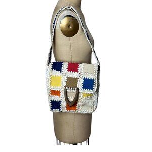 1960s raffia purse with colorful patchwork and wood accent by Craig Scot Made in